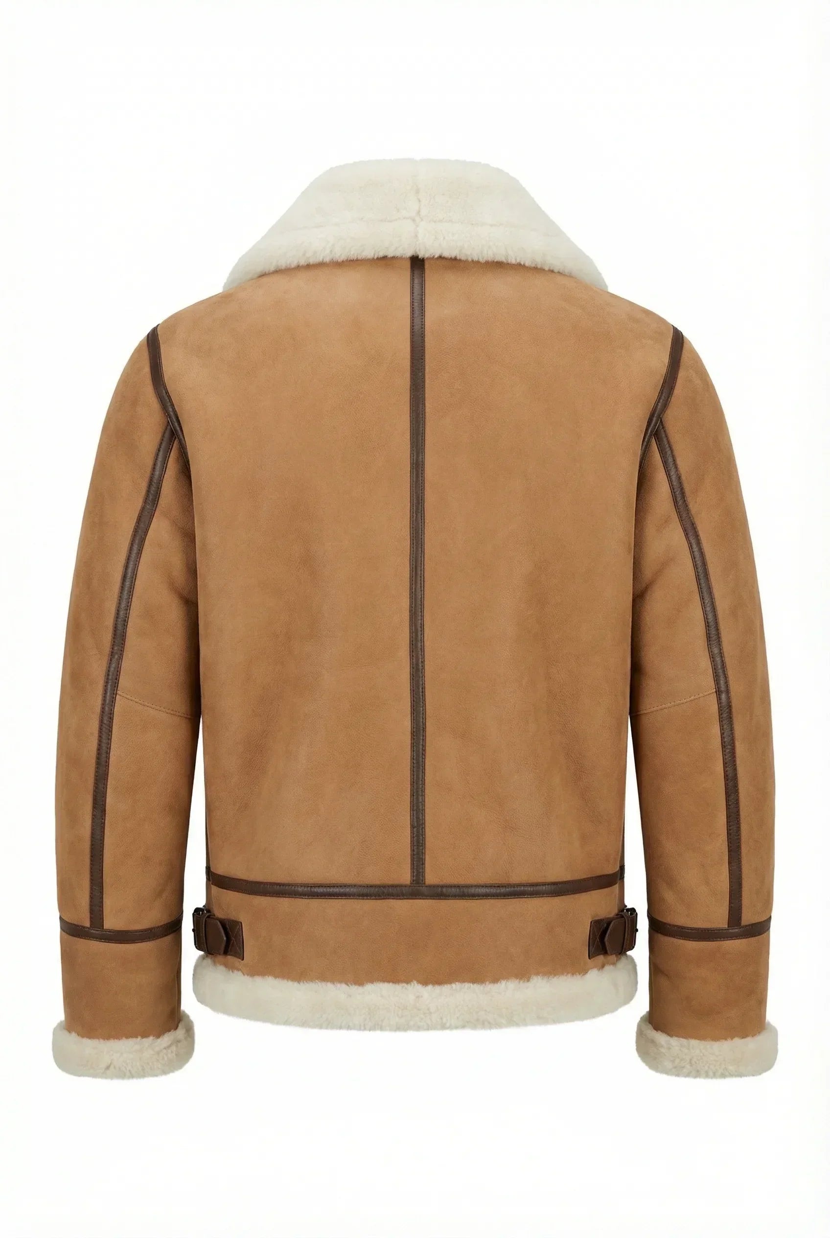 Back view of Shearlord whiskey cream B-3 Bomber Jacket in sheepskin shearling on a white background.