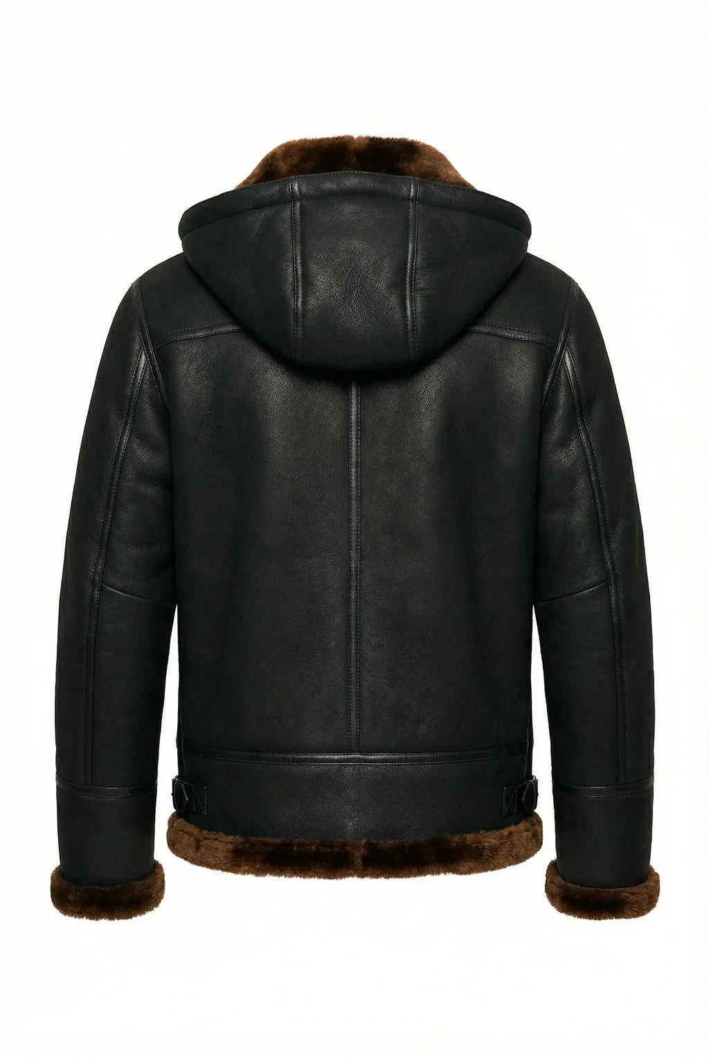 Back view of Shearlord black ginger B-3 bomber jacket in sheepskin shearling against a white background.