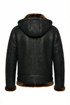 Back view of Shearlord black ginger B-3 bomber jacket in sheepskin shearling against a white background.