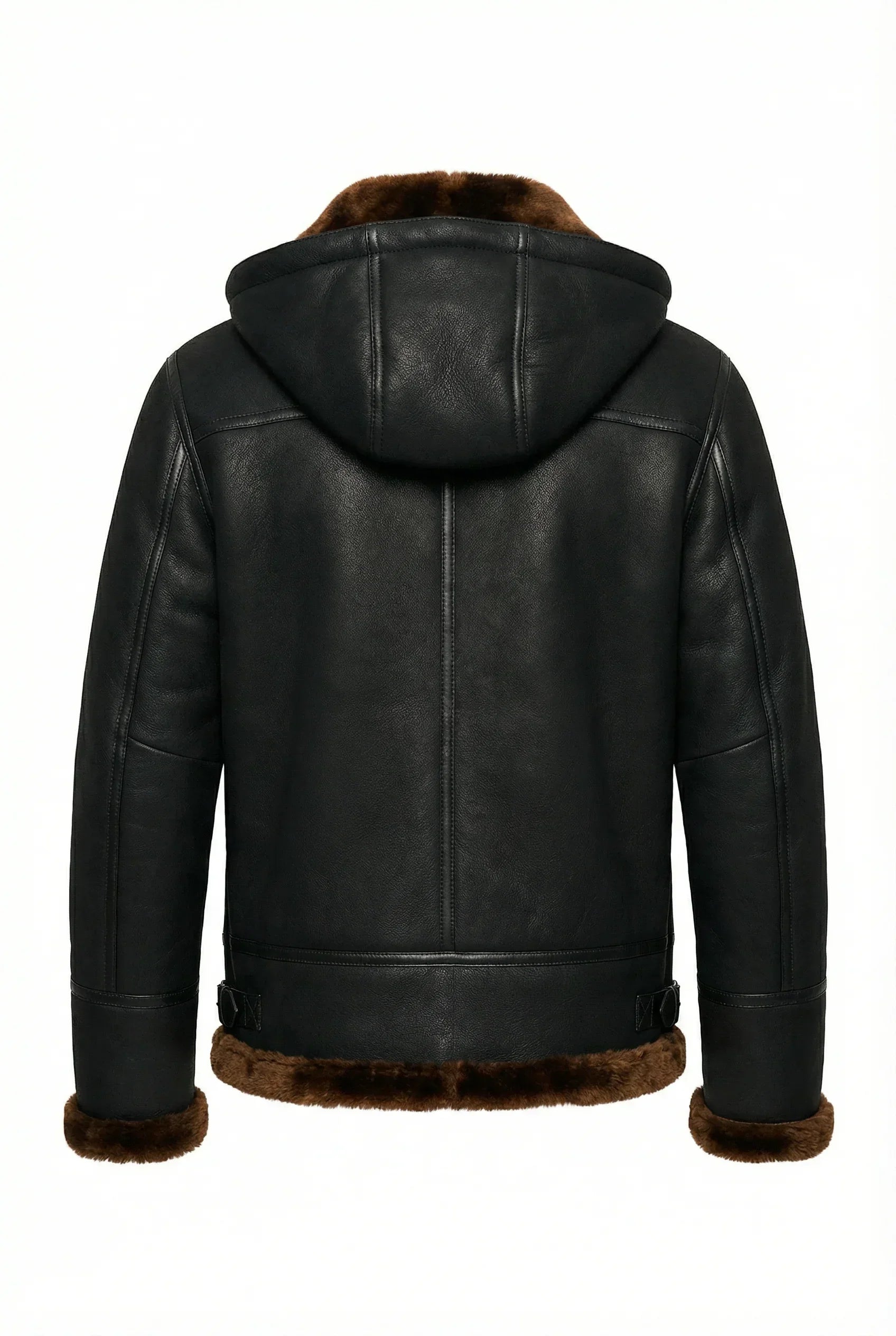 Back view of Shearlord black ginger B-3 bomber jacket in sheepskin shearling against a white background.