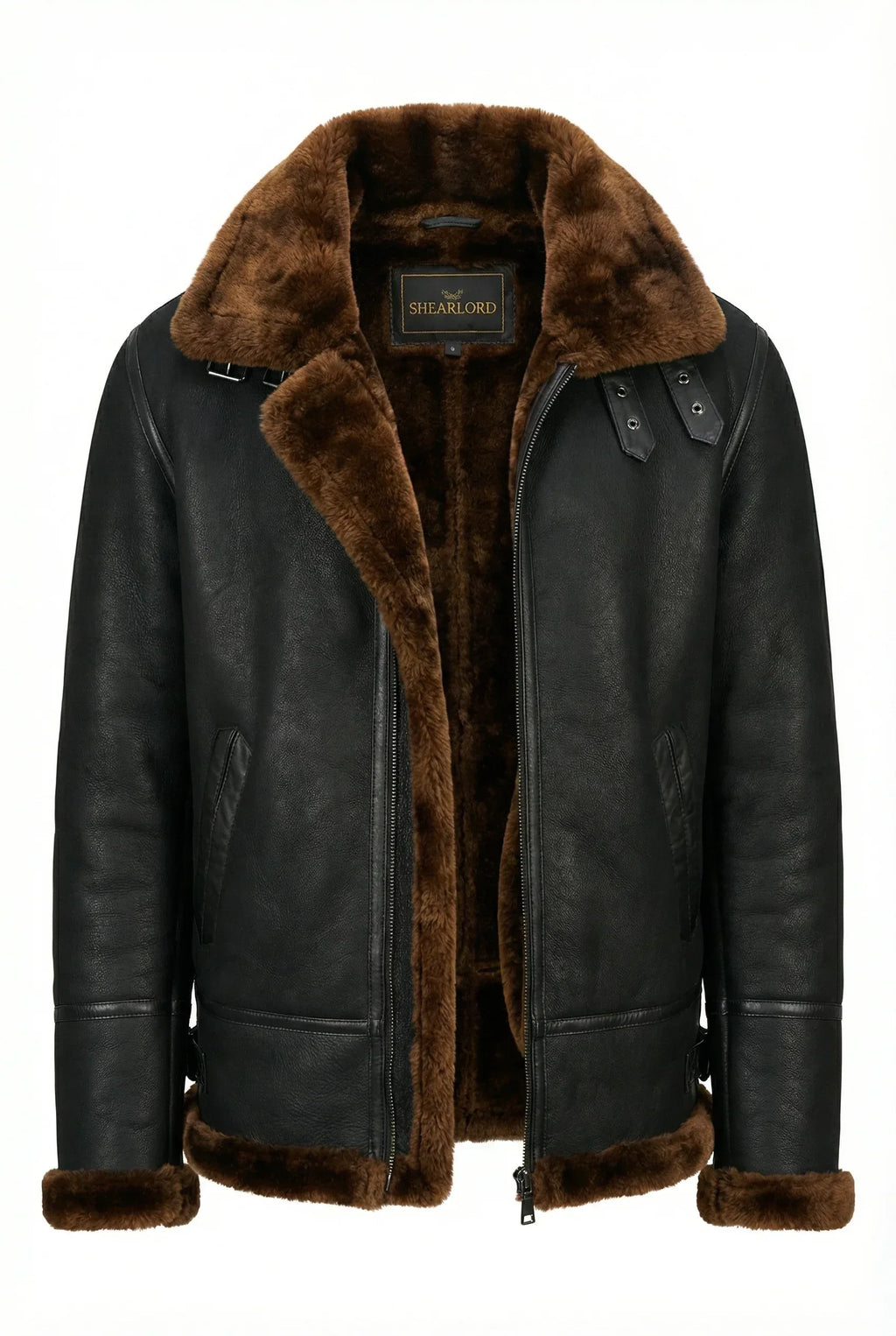 Black Shearlord B-3 Bomber Jacket with plush shearling lining and collar, displayed front view on a white background.