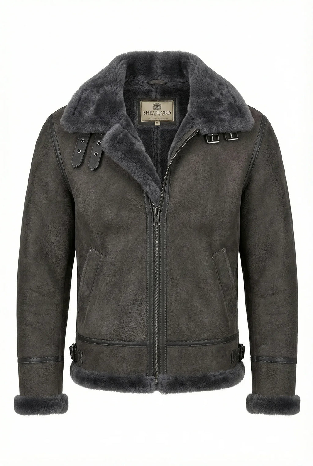 Classic Grey Shearlord Sheepskin B-3 Bomber Jacket with slightly open zipper and collar label on a pure white background.
