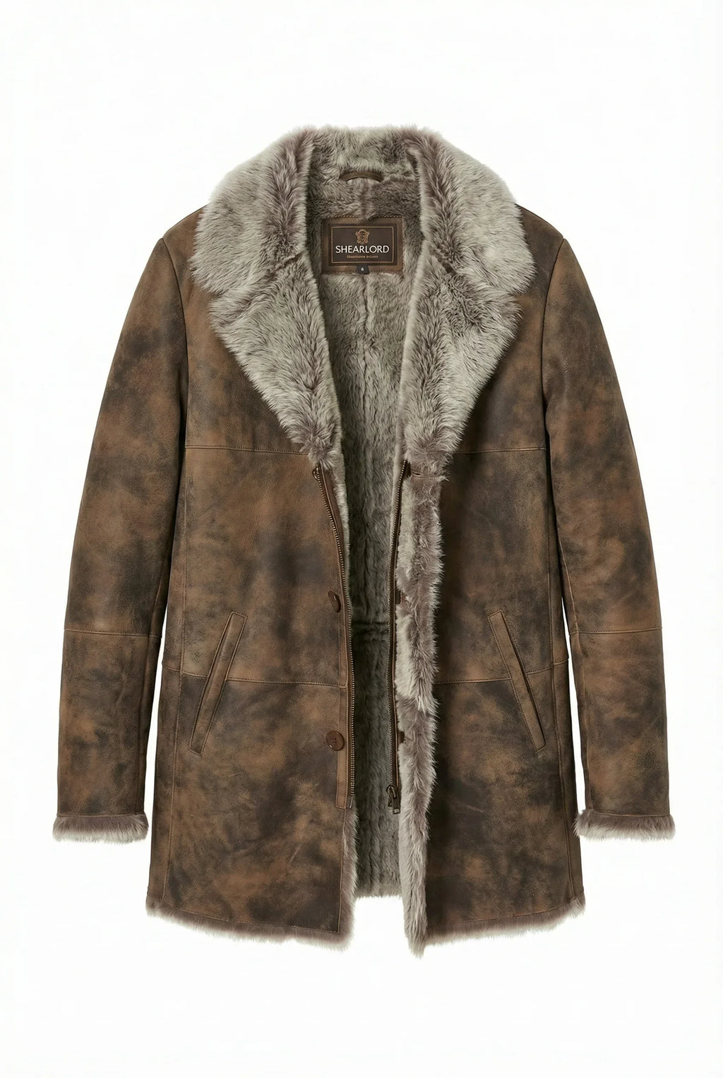 Shearlord Toscana shearling coat in pure white, featuring a slightly open zipper and a stylish collar detail.