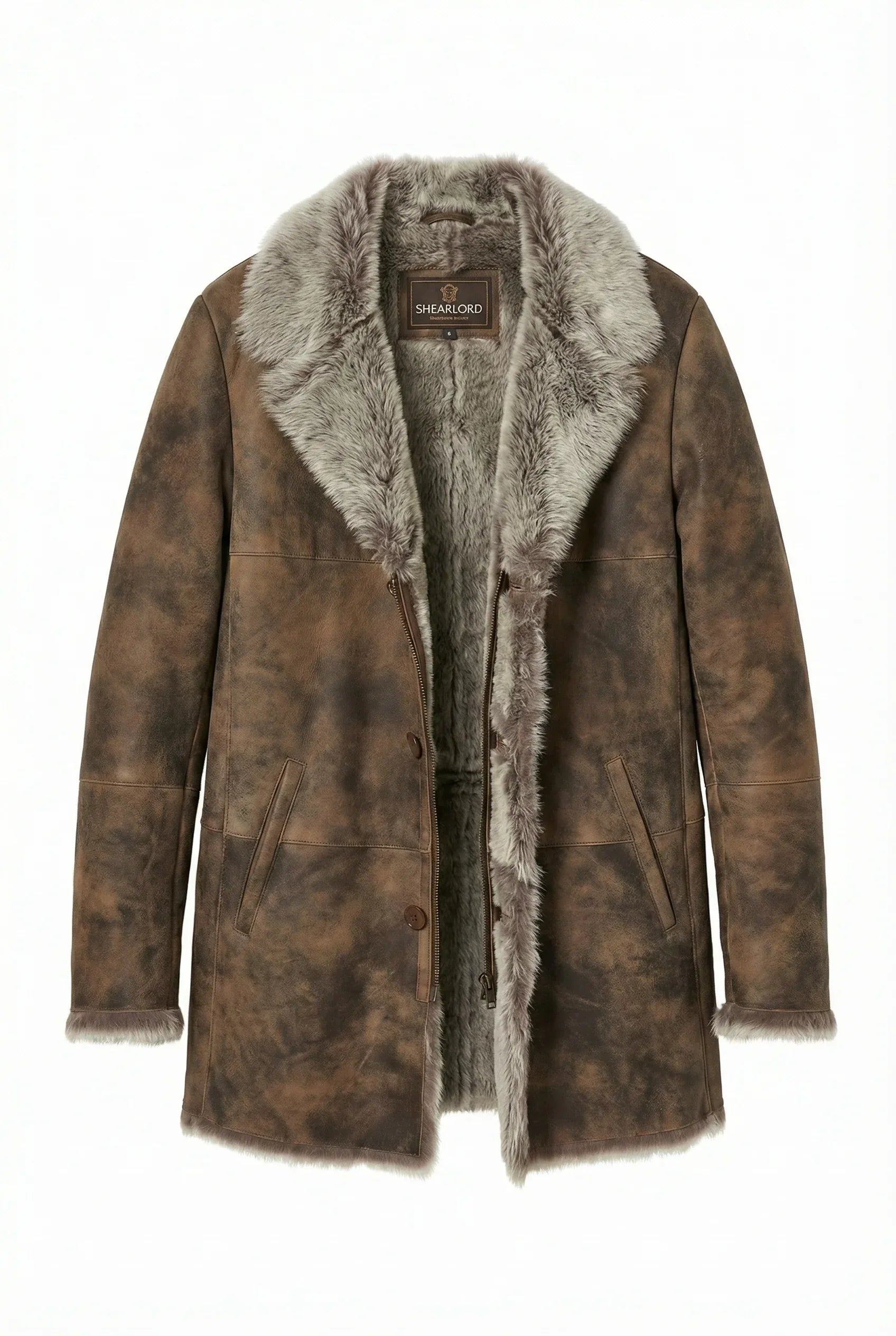 Shearlord Toscana shearling coat in pure white, featuring a slightly open zipper and a stylish collar detail.