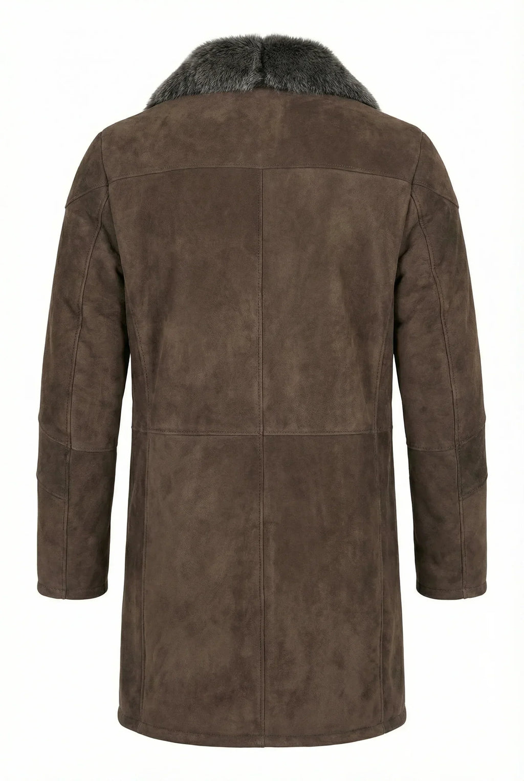 Back view of Shearlord Toscana sheepskin shearling coat on a pure white background.