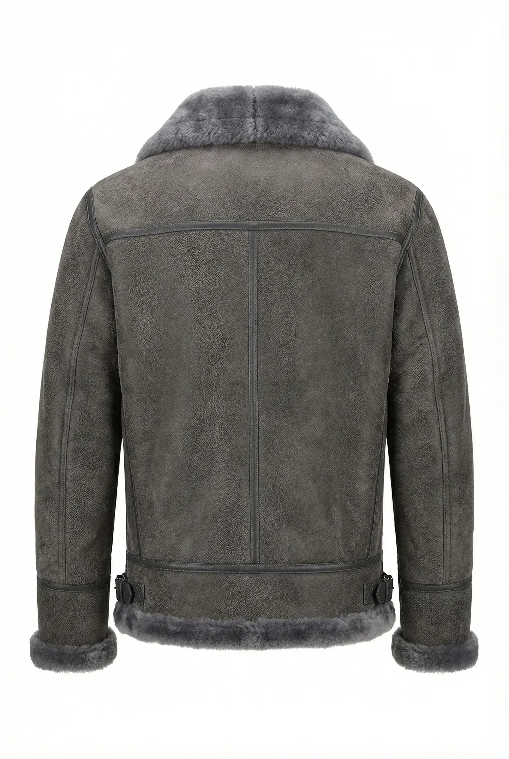 Classic grey Shearlord sheepskin B-3 bomber jacket viewed from the back on a pure white background.