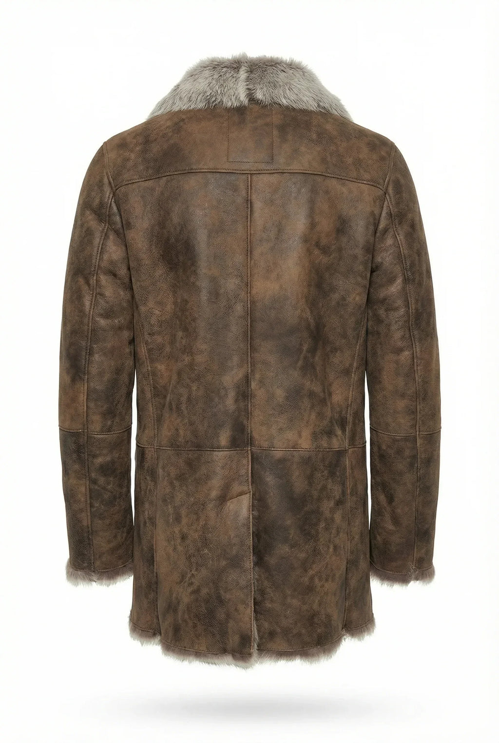 Back view of Shearlord Toscana Sheepskin shearling coat on a pure white background, showcasing its luxurious texture and design.