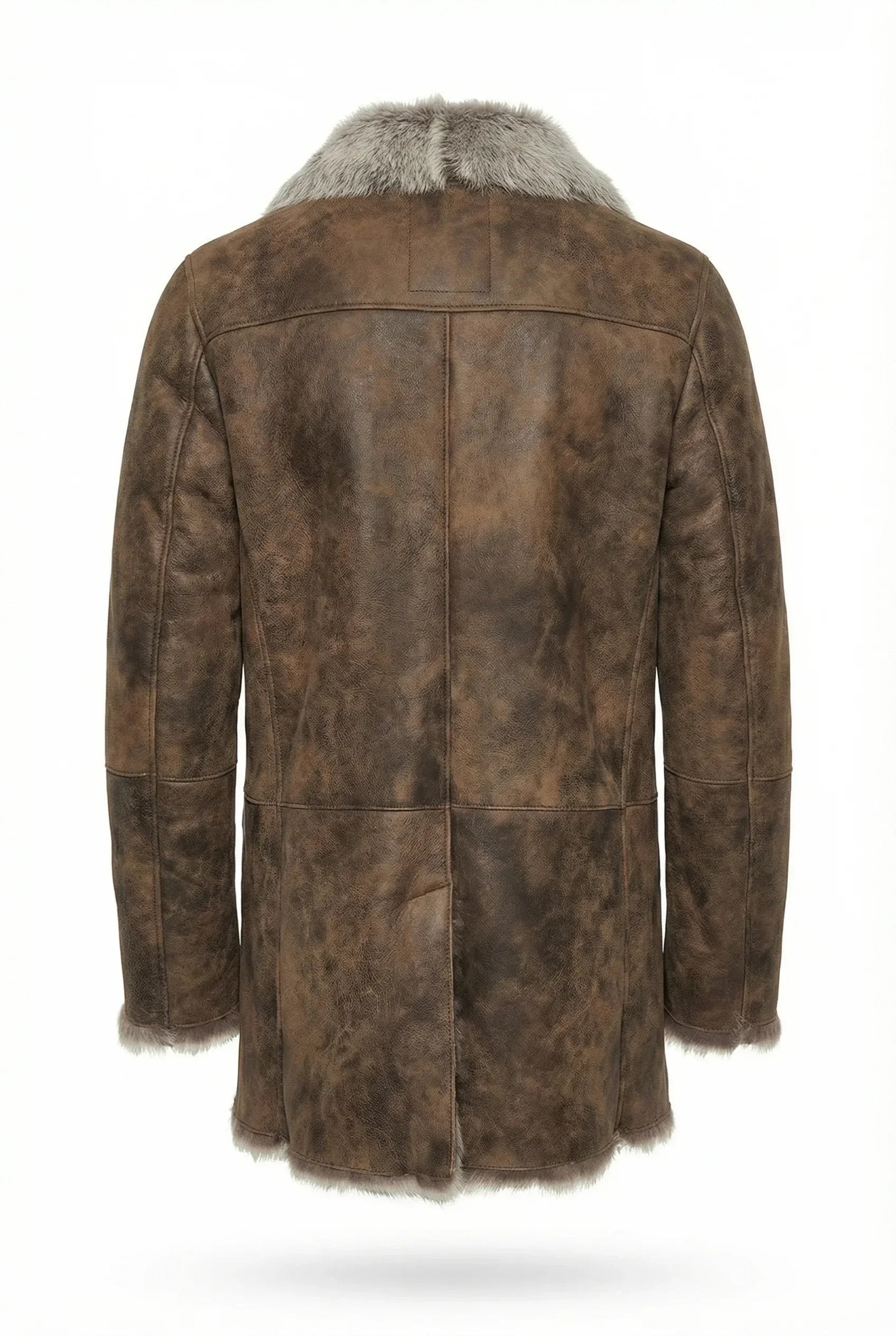 Back view of Shearlord Toscana Sheepskin shearling coat on a pure white background, showcasing its luxurious texture and design.