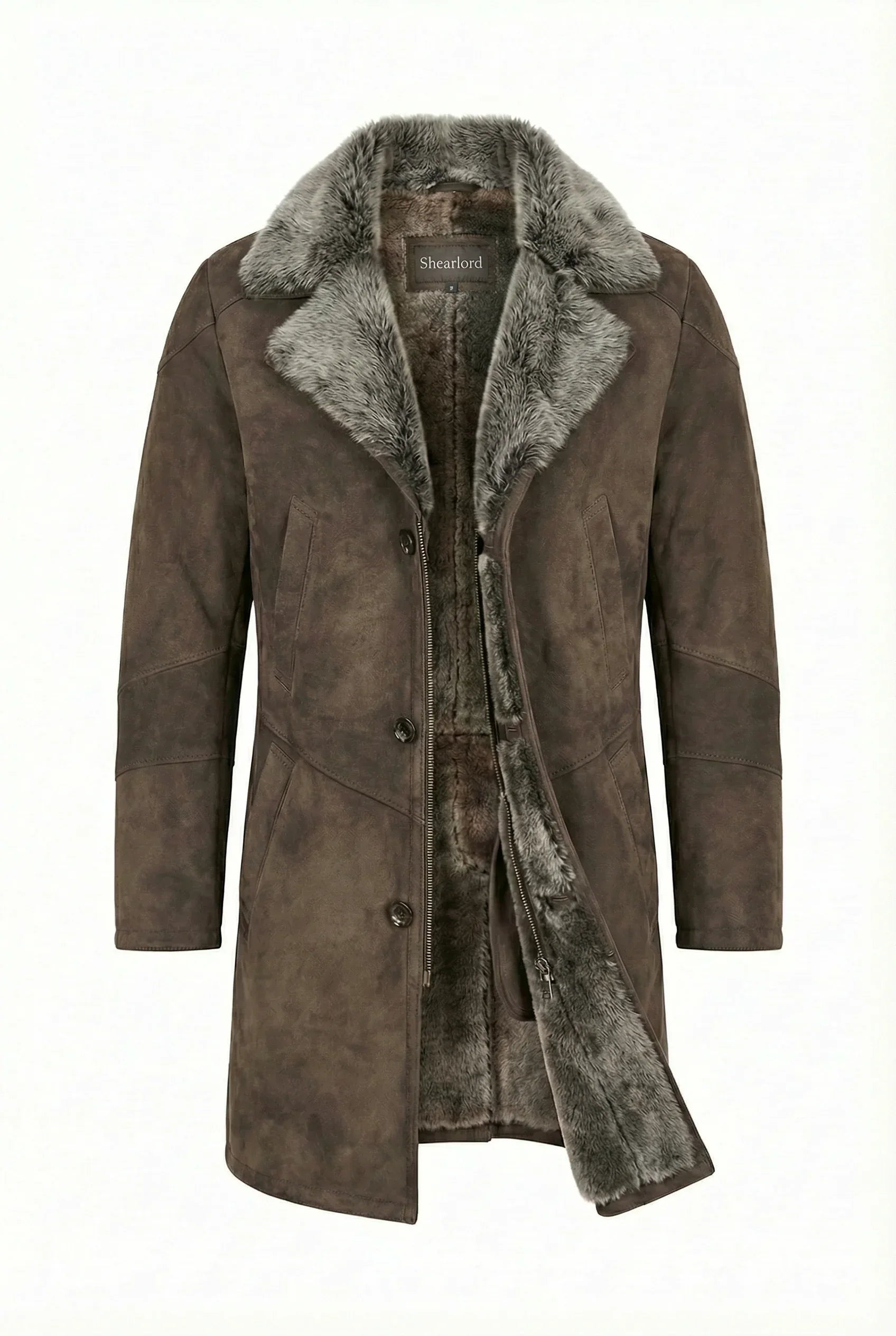 Shearlord Toscana sheepskin shearling coat with zipper slightly open, displayed on a pure white background.