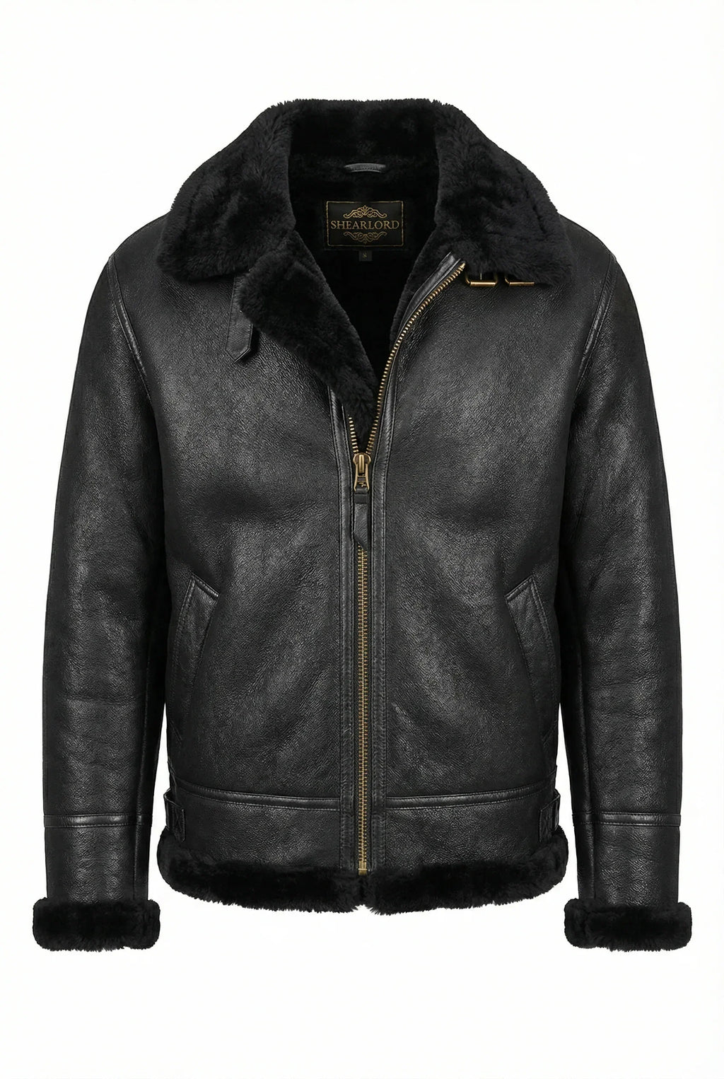 Black Shearlord Classic Sheepskin B-3 Bomber Jacket with a slightly open zipper and collar label on a white background.