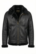 Black Shearlord Classic Sheepskin B-3 Bomber Jacket with a slightly open zipper and collar label on a white background.