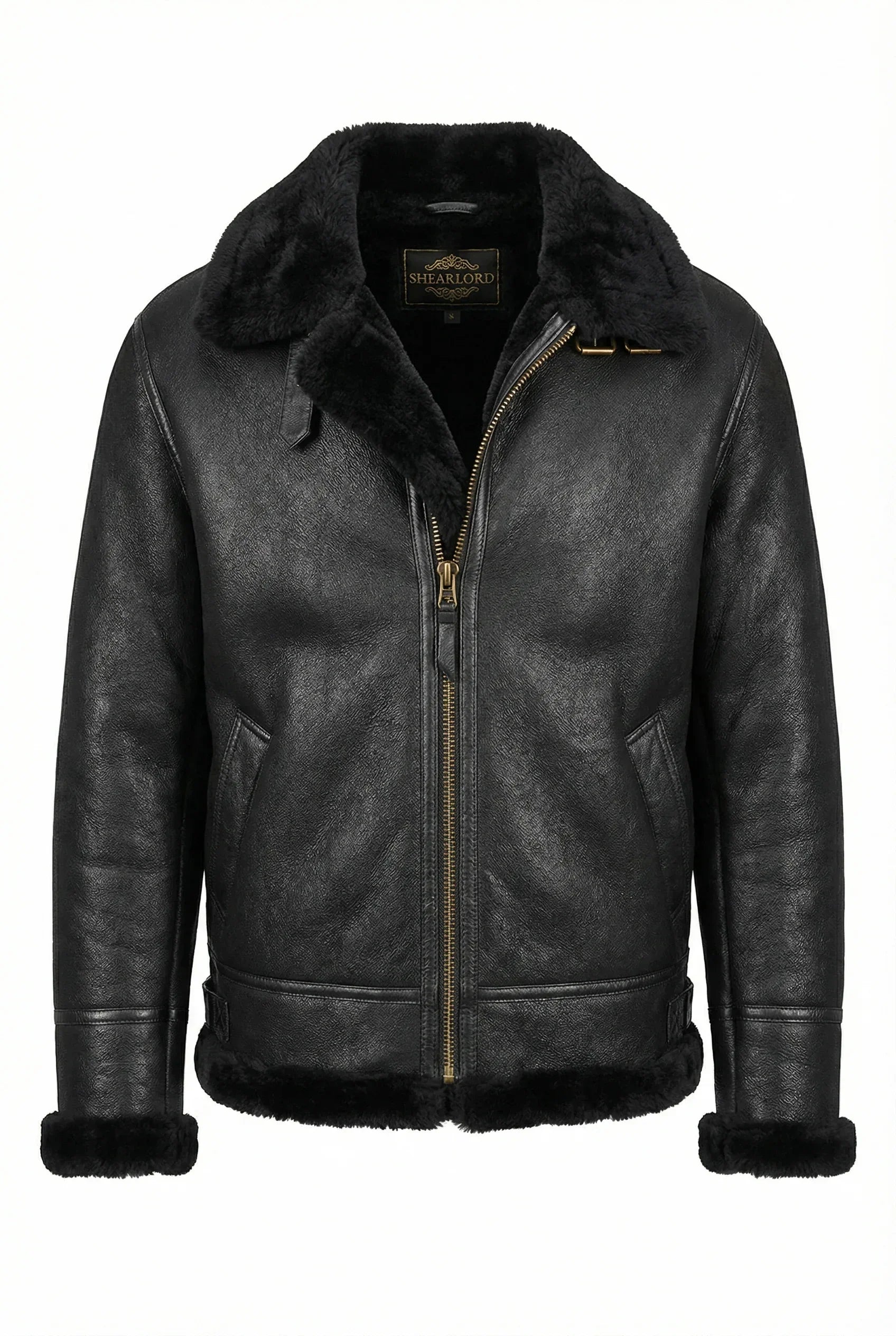 Black Shearlord Classic Sheepskin B-3 Bomber Jacket with a slightly open zipper and collar label on a white background.