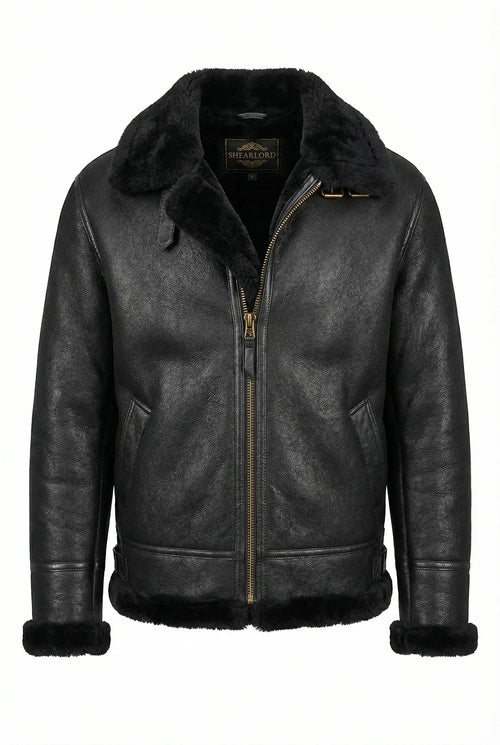 Black Shearlord Classic Sheepskin B-3 Bomber Jacket with a slightly open zipper and collar label on a white background.