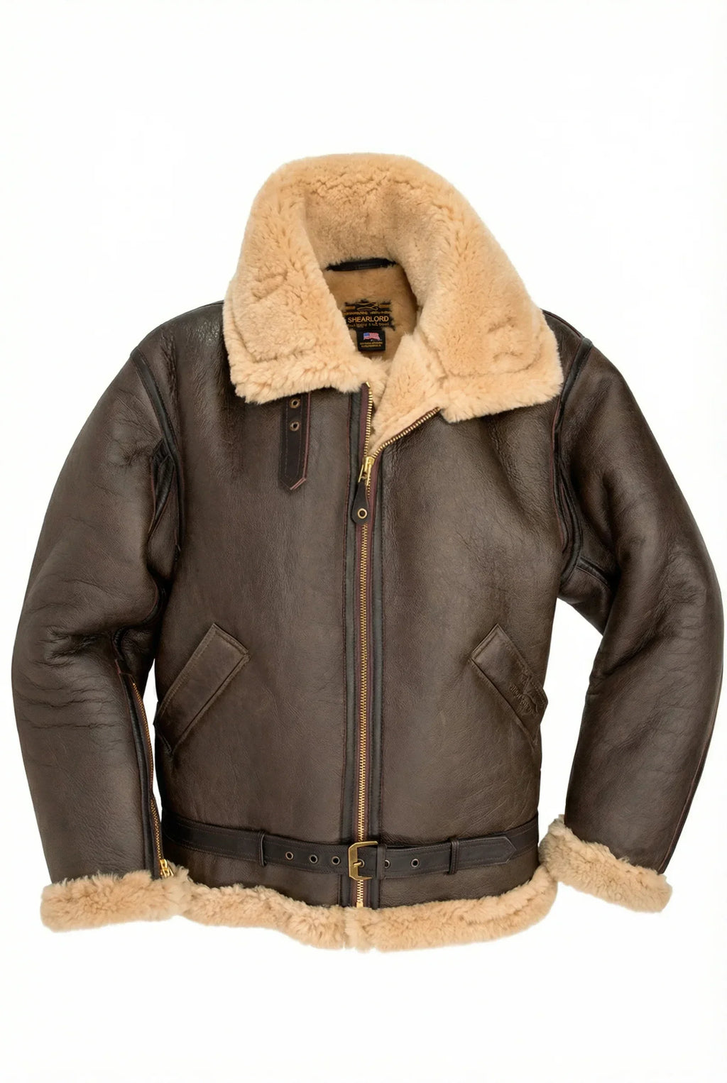 Brown and cream R.A.F Sheepskin bomber jacket by Shearlord, featuring a slightly open zipper and collar label on a white background.