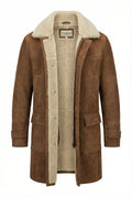 Whiskey brown and cream Shearlord High Country sheepskin 3/4 long coat with a slightly open zipper on a white background.