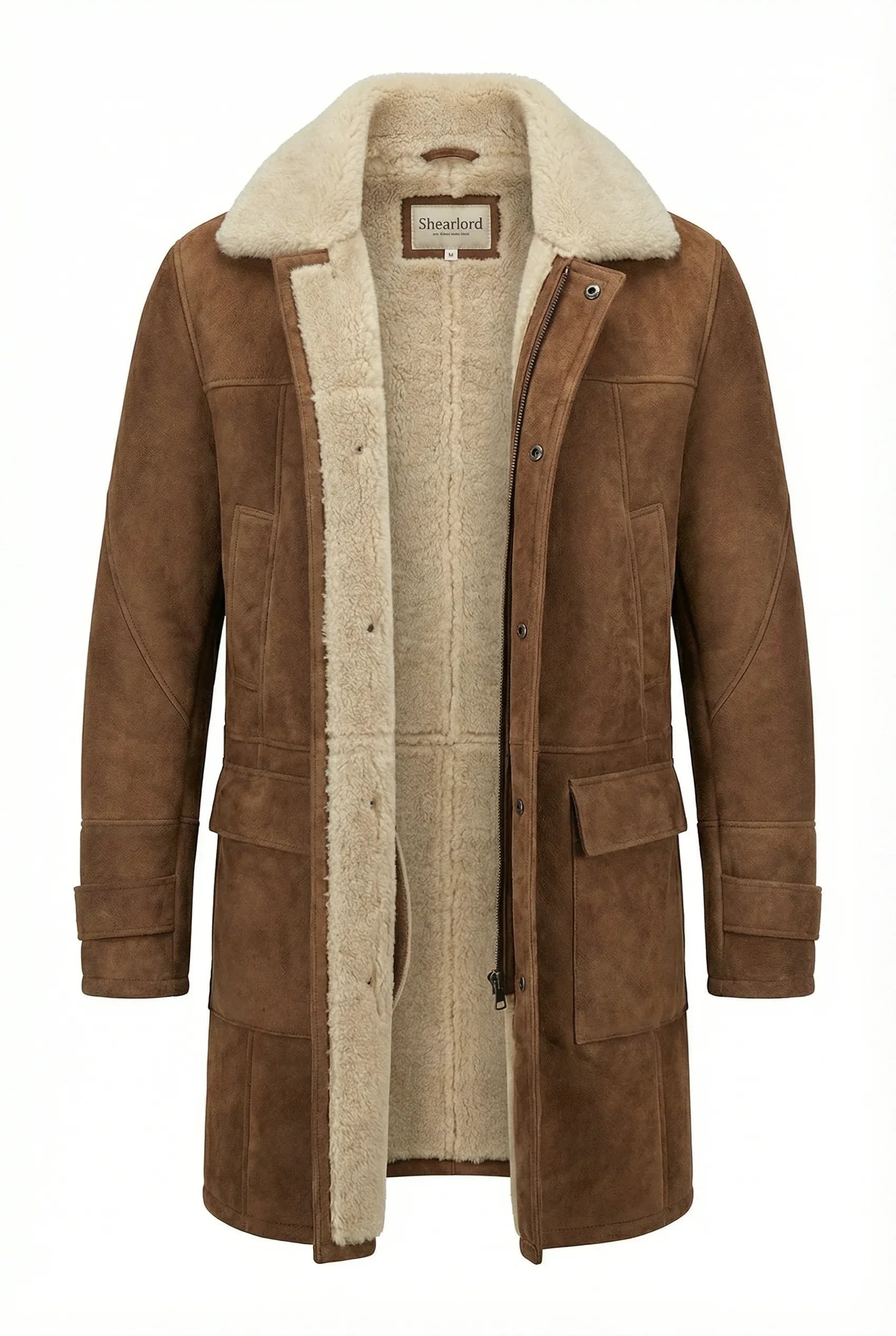 Whiskey brown and cream Shearlord High Country sheepskin 3/4 long coat with a slightly open zipper on a white background.