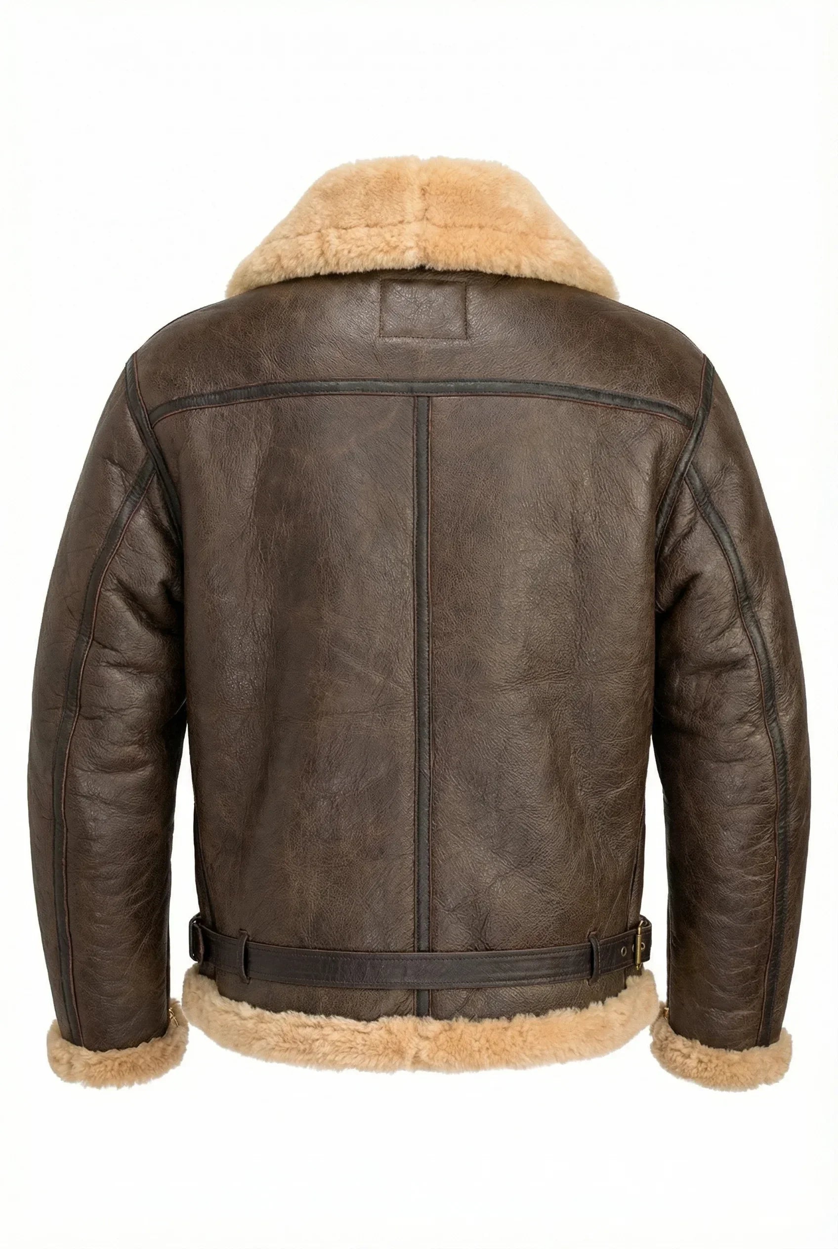 Brown and cream R.A.F Sheepskin bomber jacket by Shearlord, displayed from the back on a pure white background.