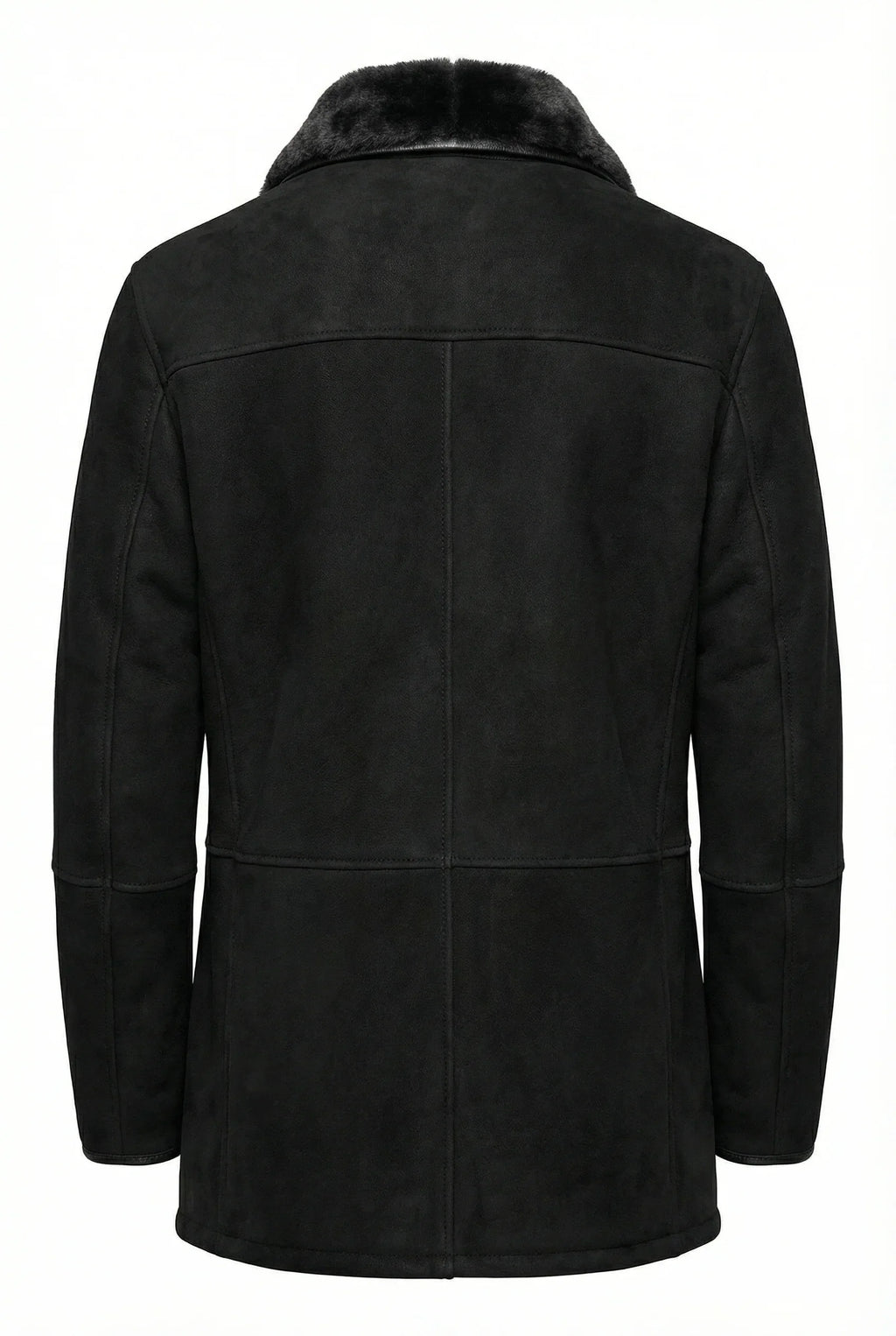 Black Shearlord Lucas shearling coat displayed from the back on a pure white background.