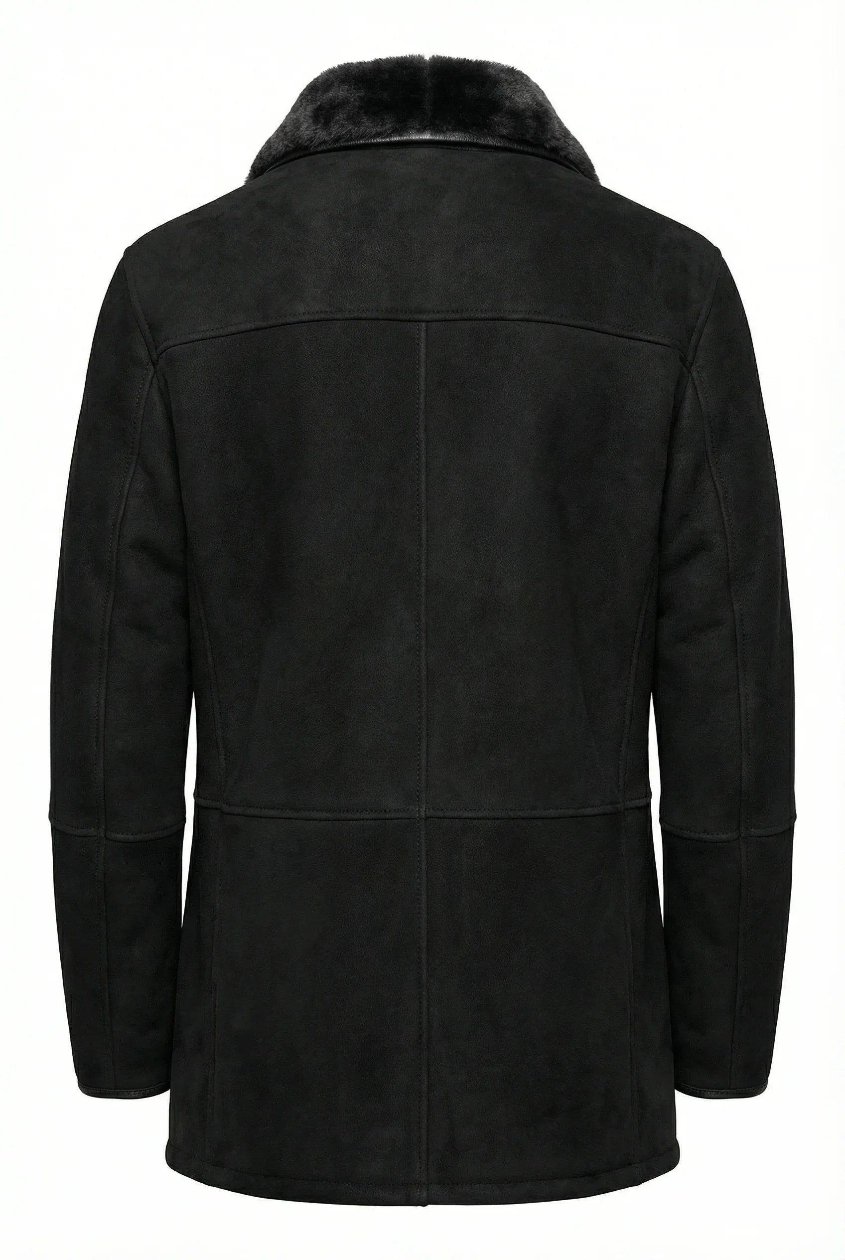 Black Shearlord Lucas shearling coat displayed from the back on a pure white background.