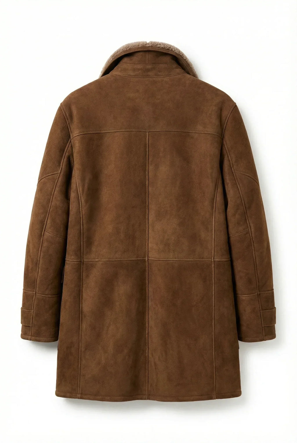 Back view of Shearlord High Country 3/4 Long Coat in whiskey brown and cream sheepskin on a pure white background.