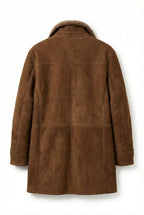 Back view of Shearlord High Country 3/4 Long Coat in whiskey brown and cream sheepskin on a pure white background.