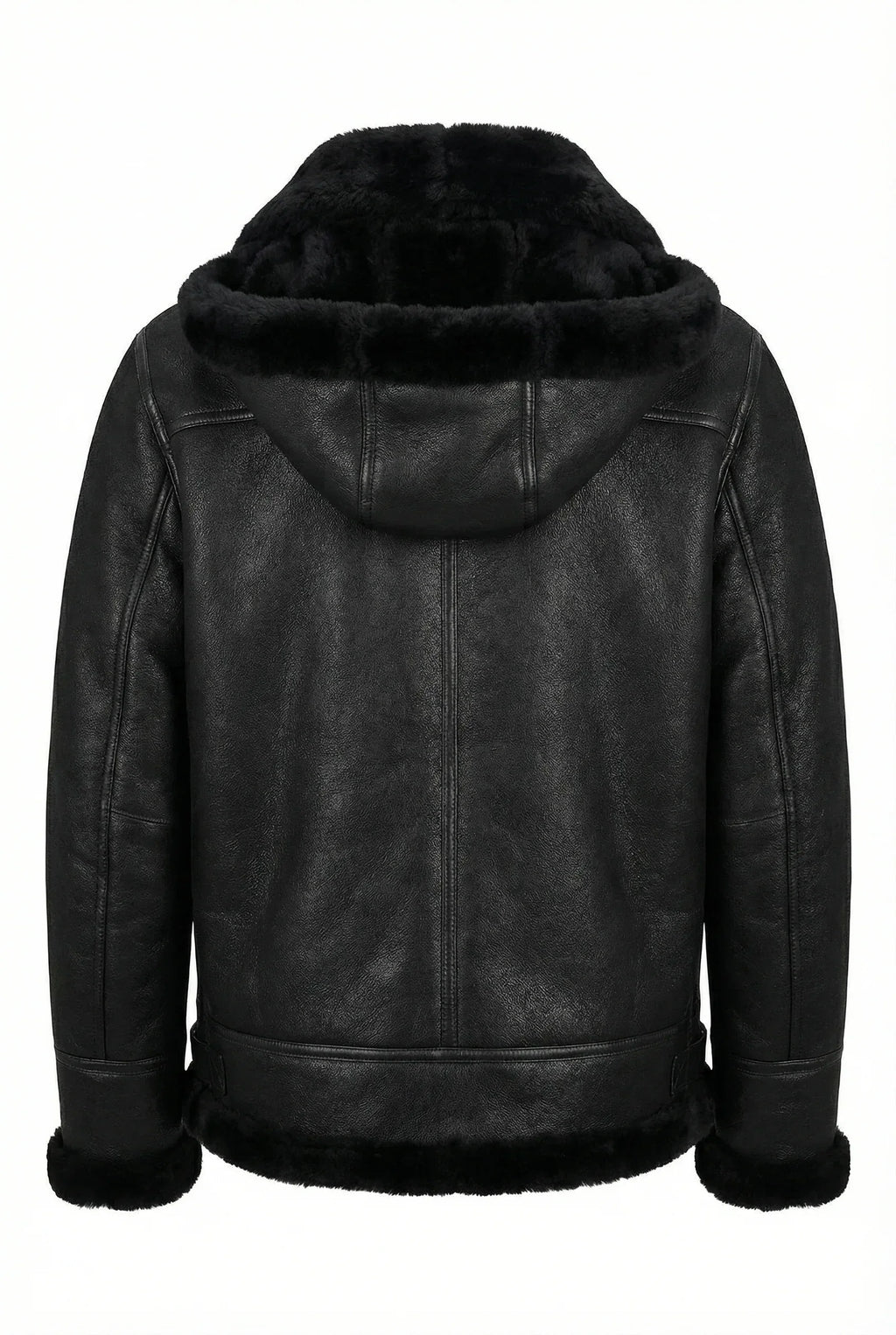 Black Shearlord Classic Sheepskin B-3 Bomber Jacket with detachable hood, viewed from the back on a white background.