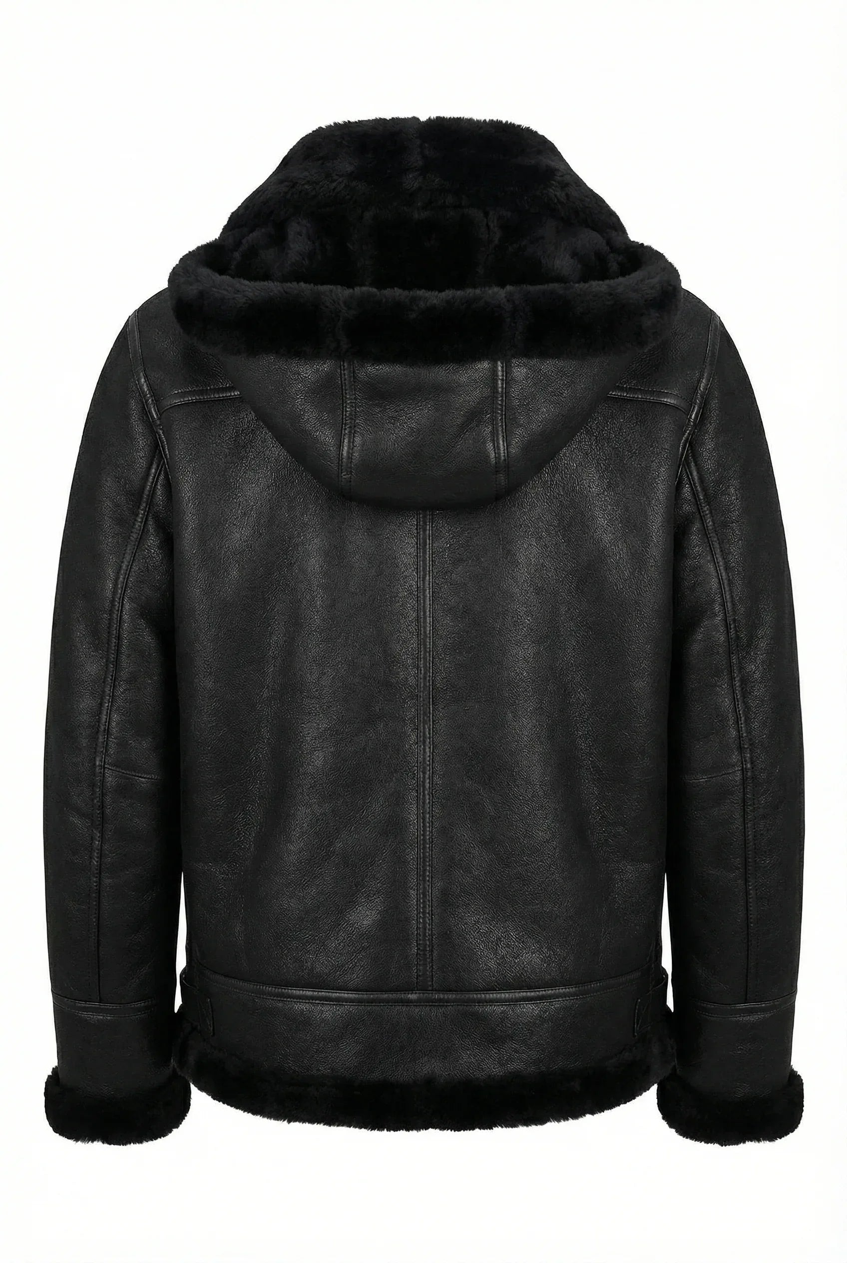 Black Shearlord Classic Sheepskin B-3 Bomber Jacket with detachable hood, viewed from the back on a white background.