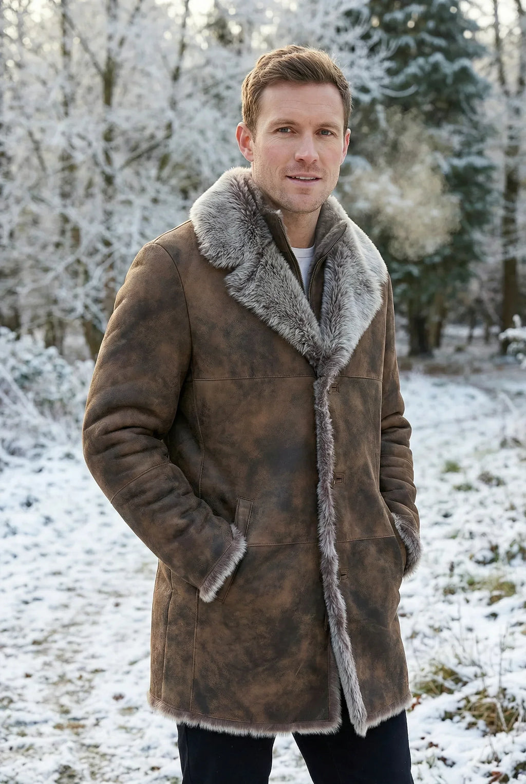 British male model wearing Shearlord Toscana sheepskin shearling coat outdoors in winter setting.