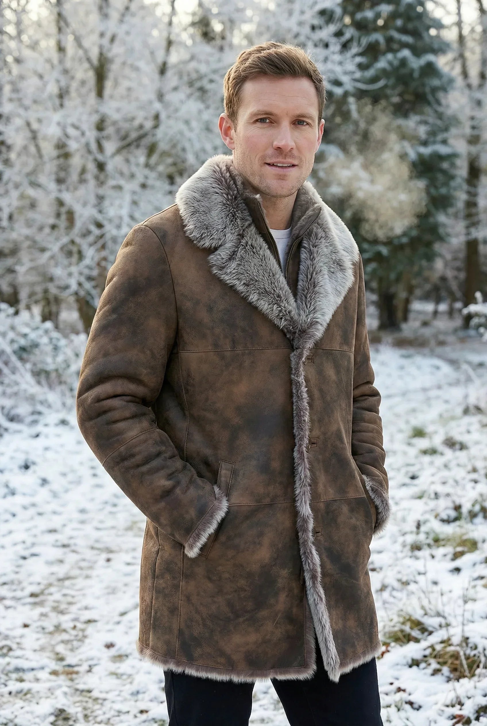 British male model wearing Shearlord Toscana sheepskin shearling coat outdoors in winter setting.