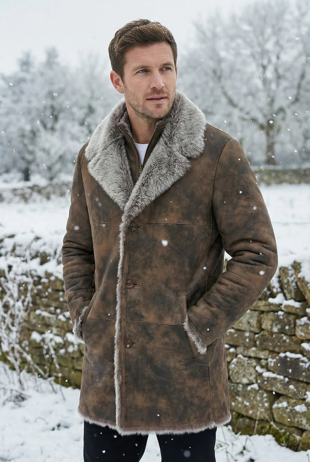 British male model wearing a Shearlord Toscana sheepskin shearling coat outdoors in winter.
