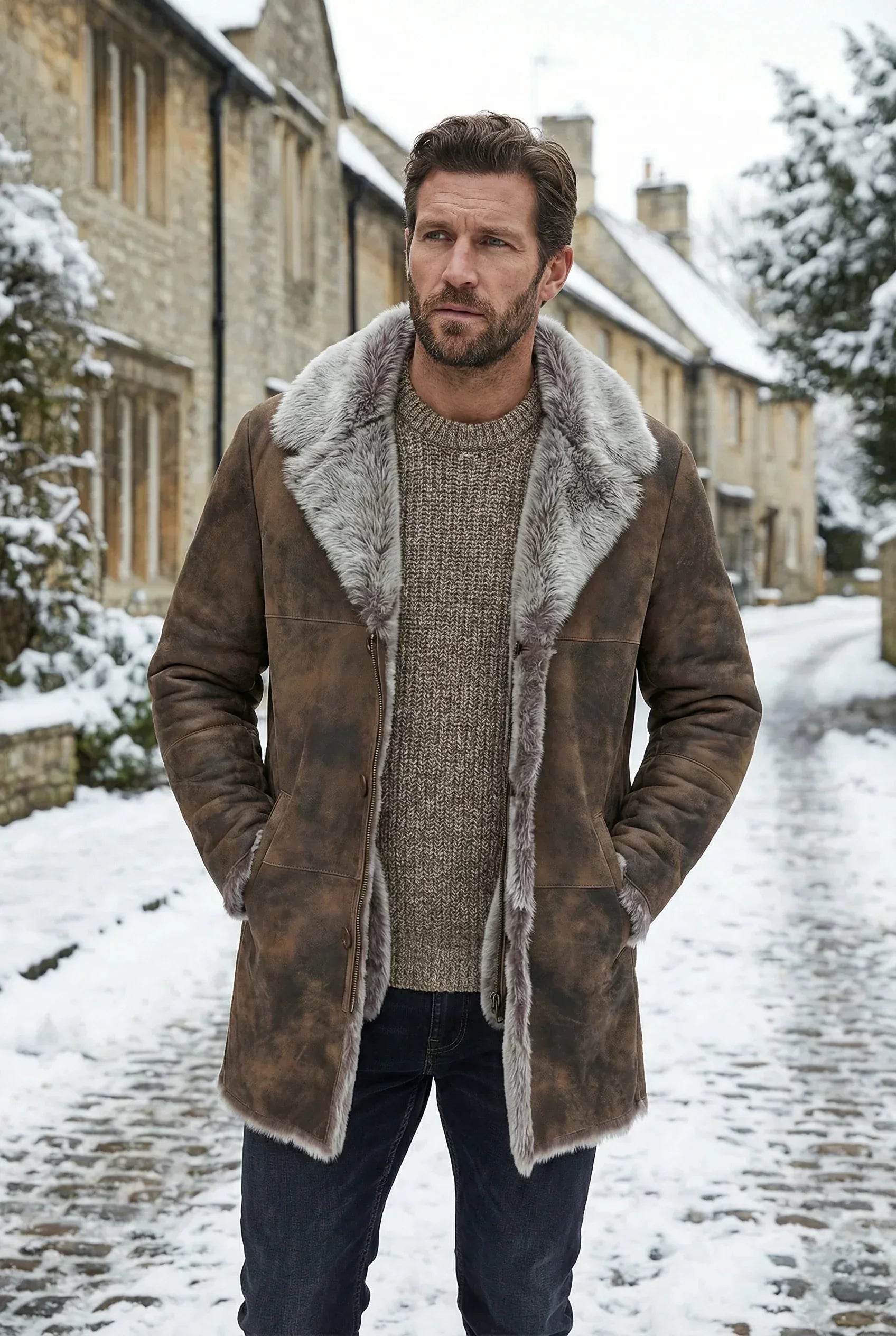 British male model wearing a Shearlord Toscana Sheepskin shearling coat outdoors in winter.