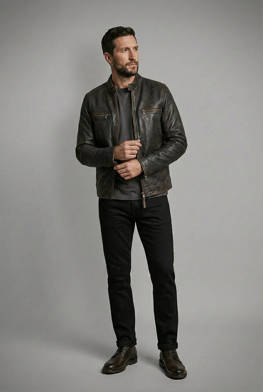 MISTRO Distressed Moto Leather Jacket
