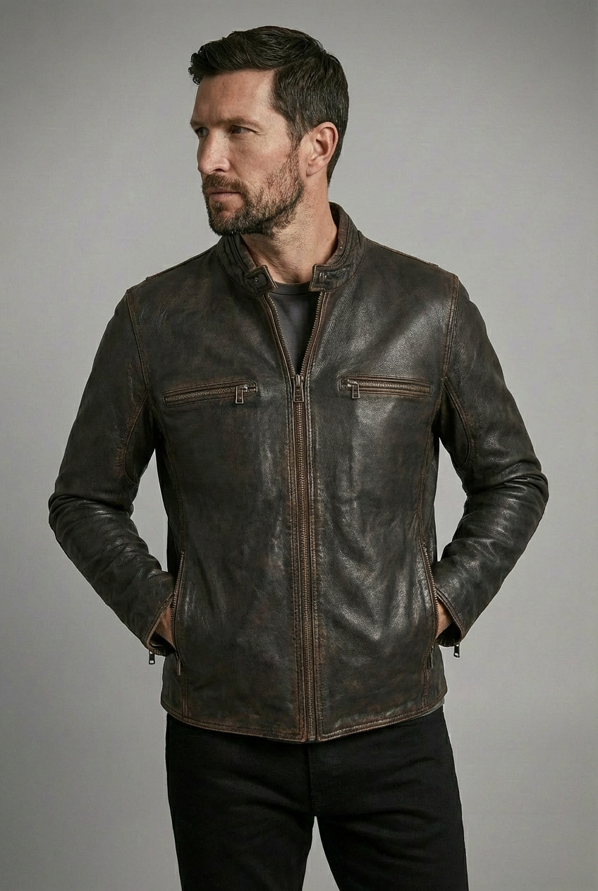 MISTRO Distressed Moto Leather Jacket