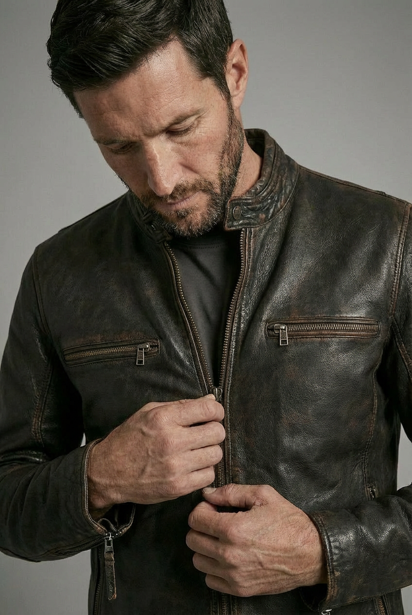 MISTRO Distressed Moto Leather Jacket