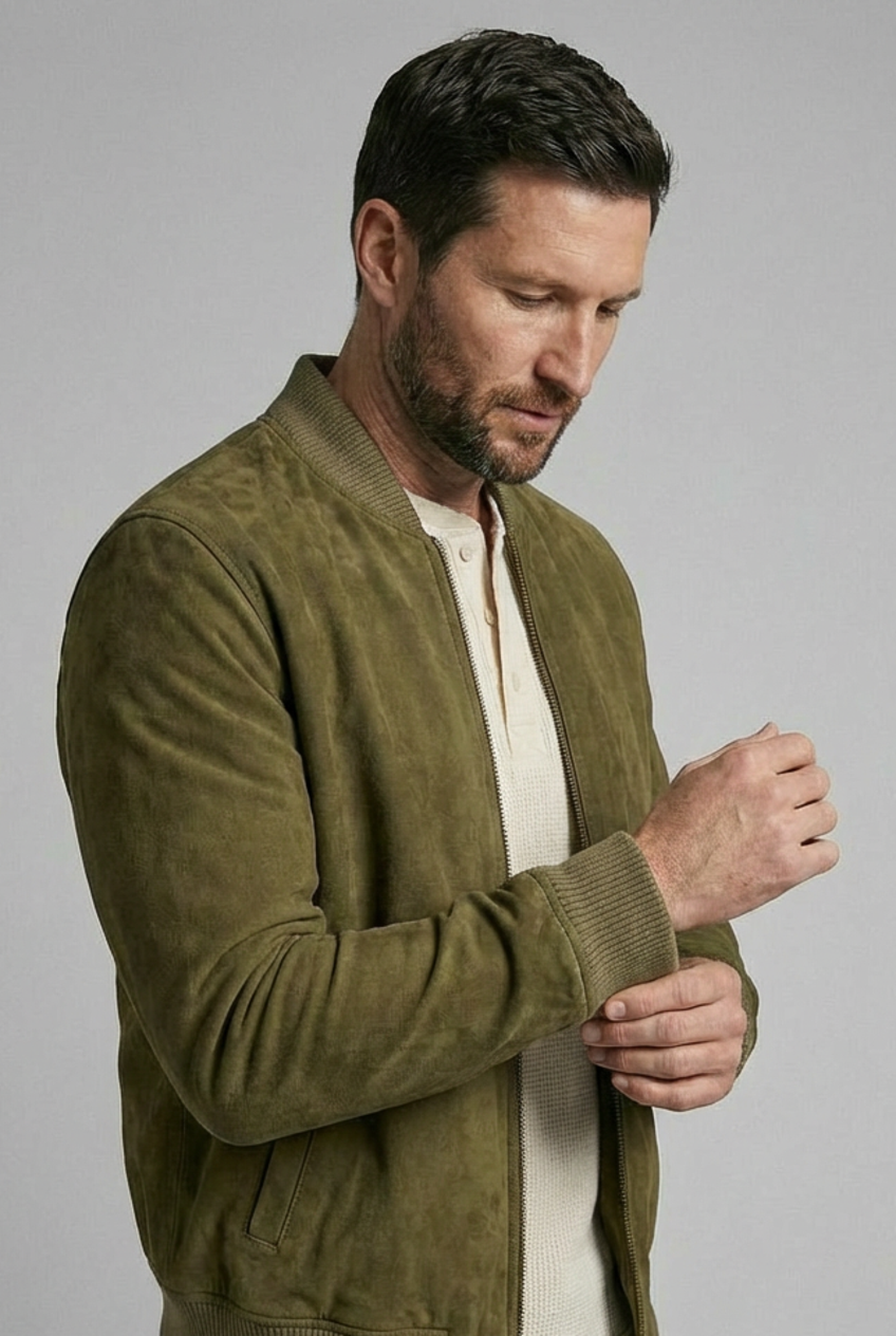 Olivo Green Suede Leather Bomber Jacket