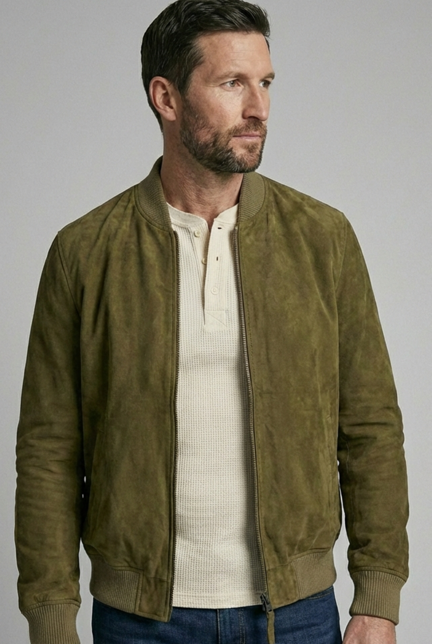 Olivo Green Suede Leather Bomber Jacket