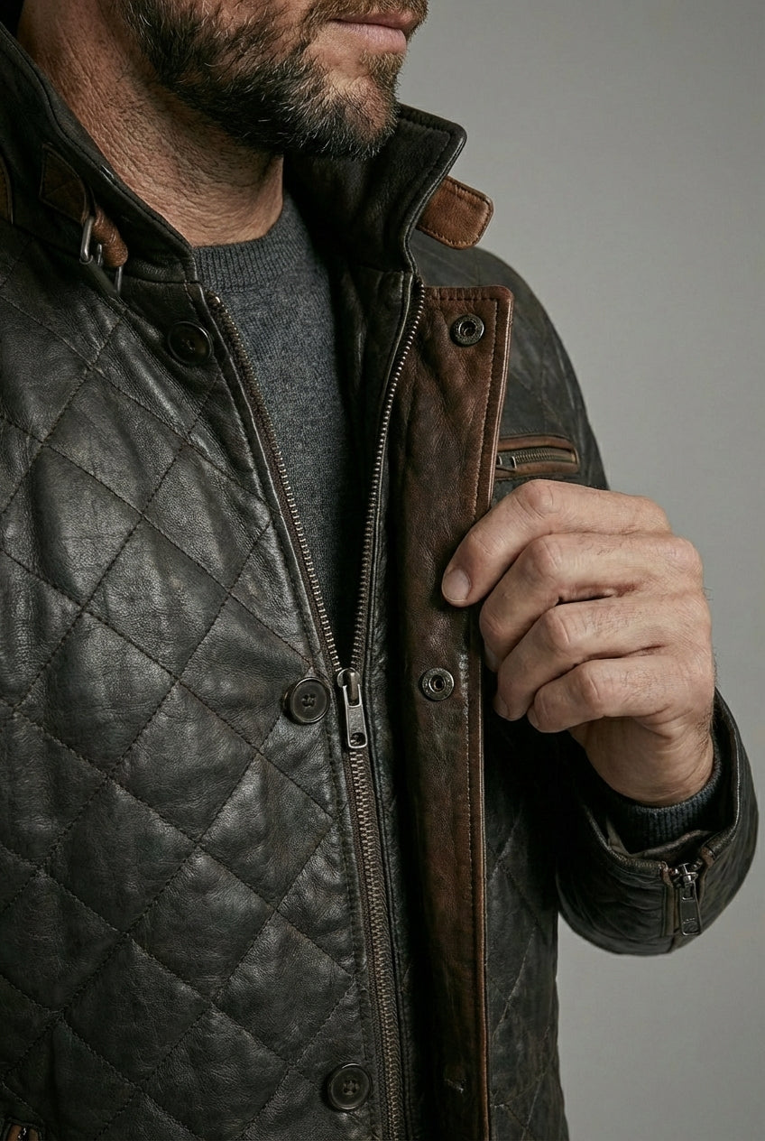 Hayes Quilted Leather Car Coat Dark Brown