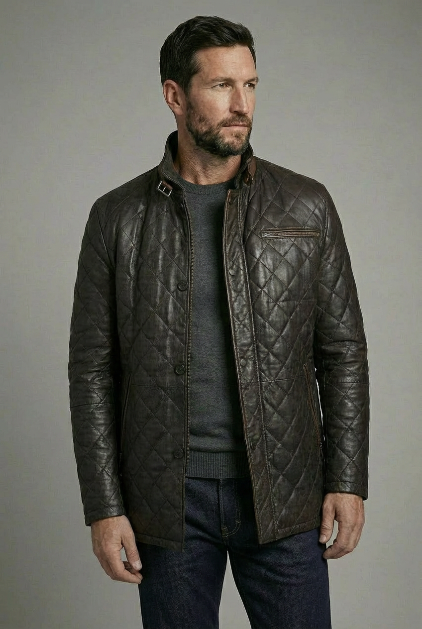 Hayes Quilted Leather Car Coat Dark Brown