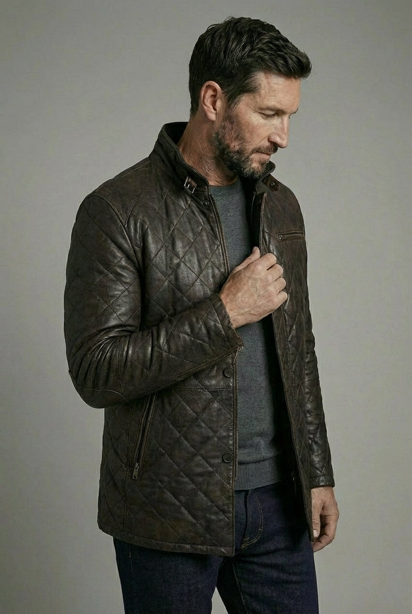 Hayes Quilted Leather Car Coat Dark Brown