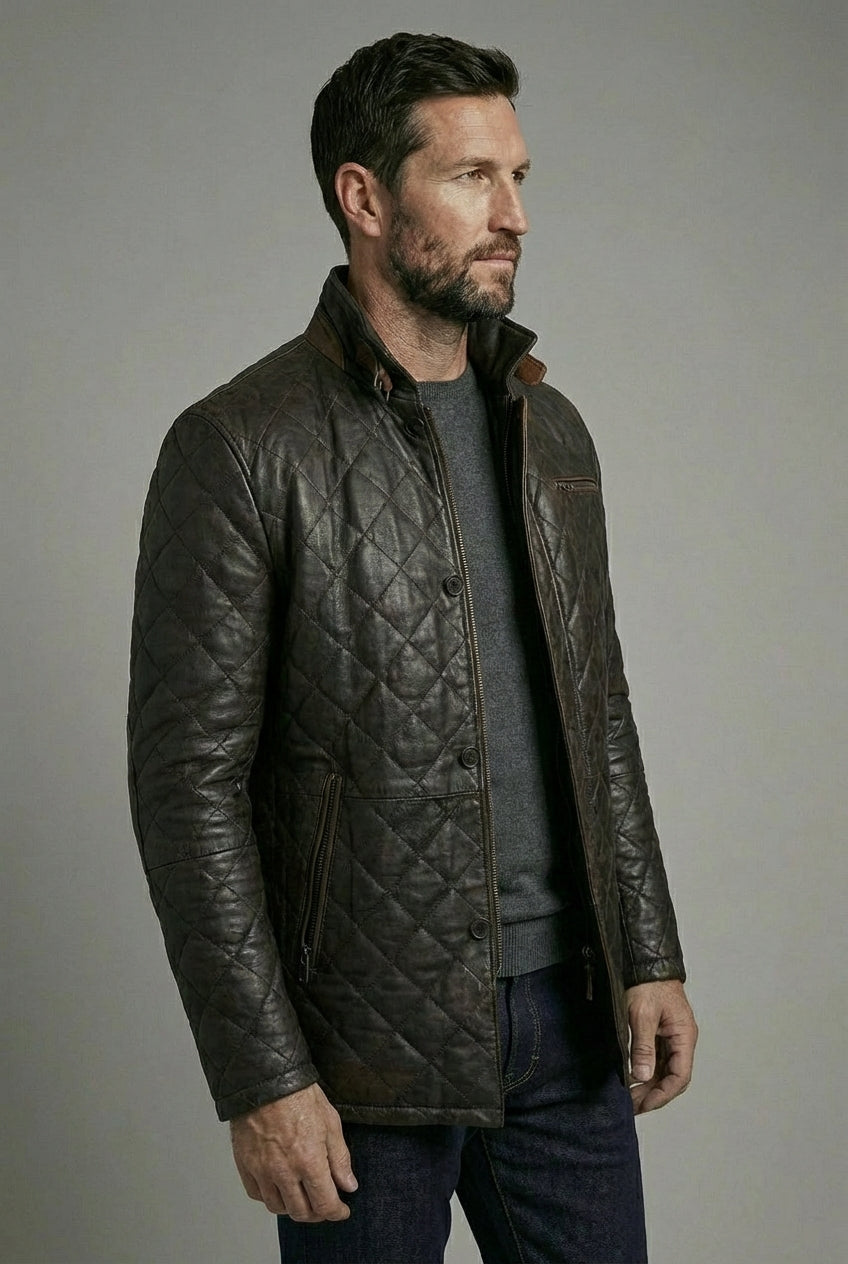 Hayes Quilted Leather Car Coat Dark Brown