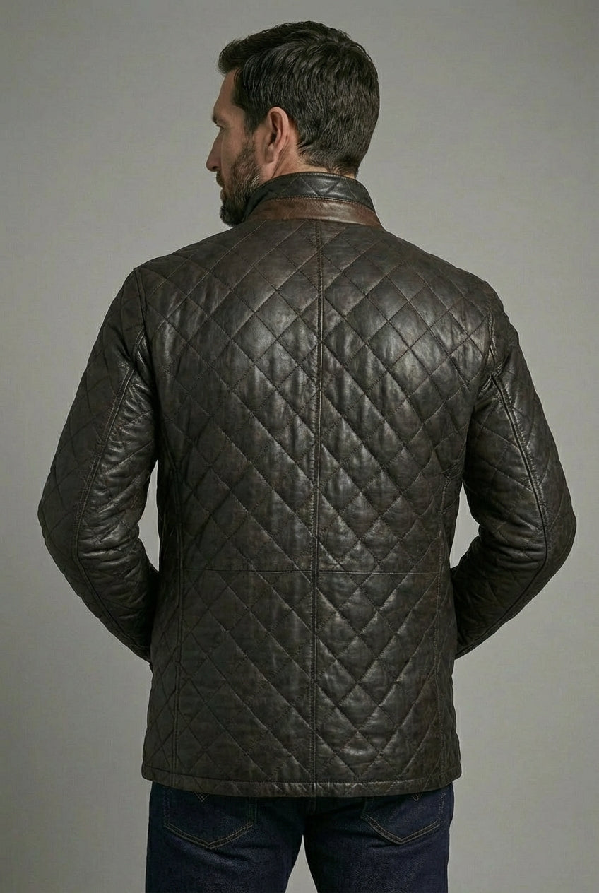 Hayes Quilted Leather Car Coat Dark Brown
