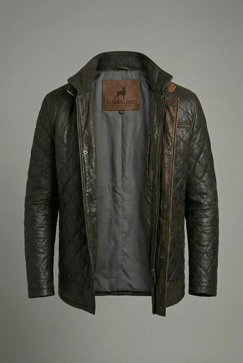 Hayes Quilted Leather Car Coat Dark Brown