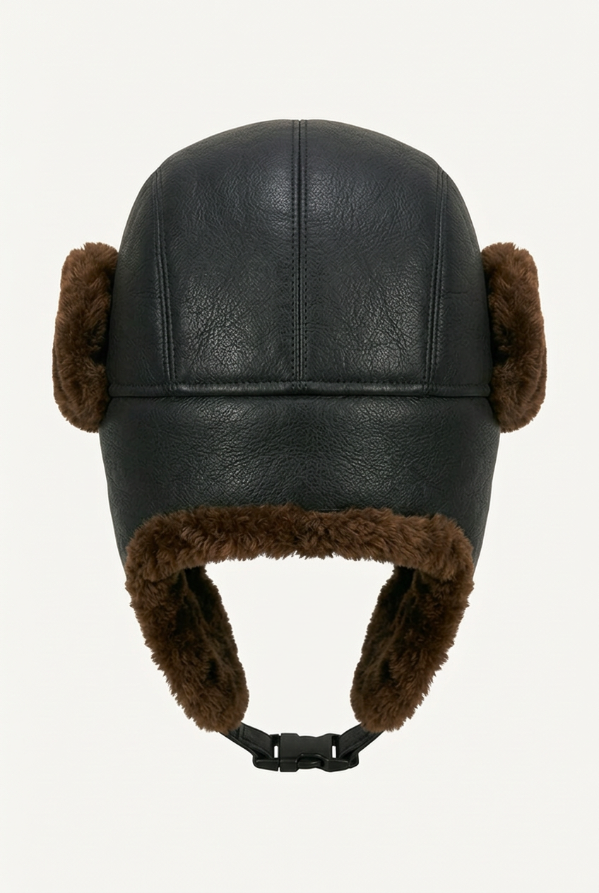 Black sheepskin pilot hat by Shearlord, classic leather bomber style with ear flaps and stitching details.