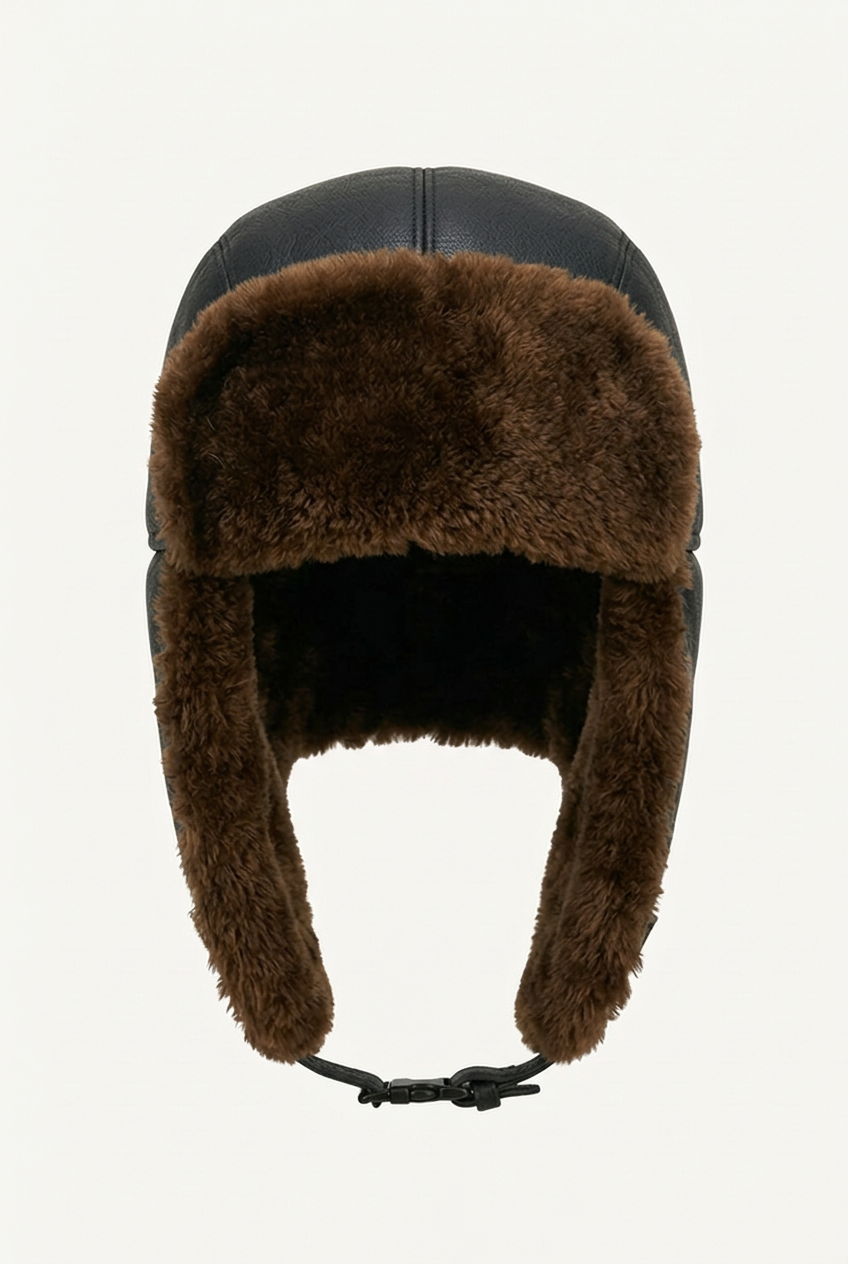 Black Shearlord sheepskin leather pilot hat with classic bomber style, featuring warm lining and aviator design.