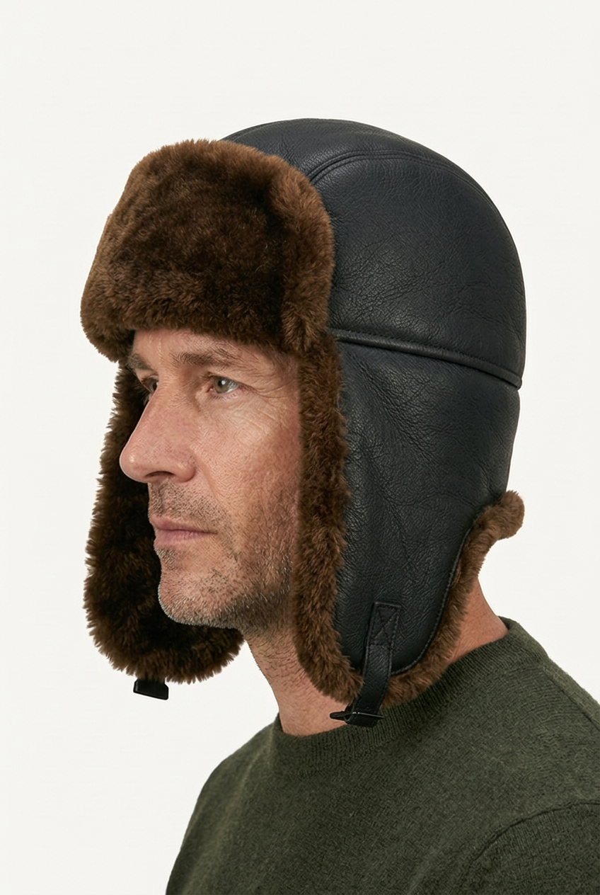 Black sheepskin leather pilot hat by Shearlord, classic bomber style with warm sheepskin lining and adjustable strap.