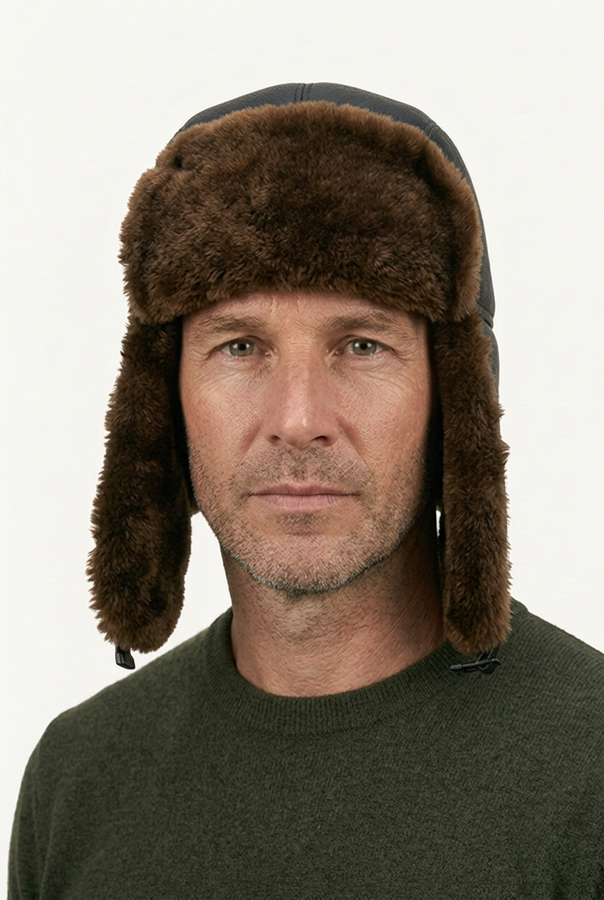 Black Shearlord sheepskin pilot hat with leather and shearling lining, featuring ear flaps and a classic aviator style.