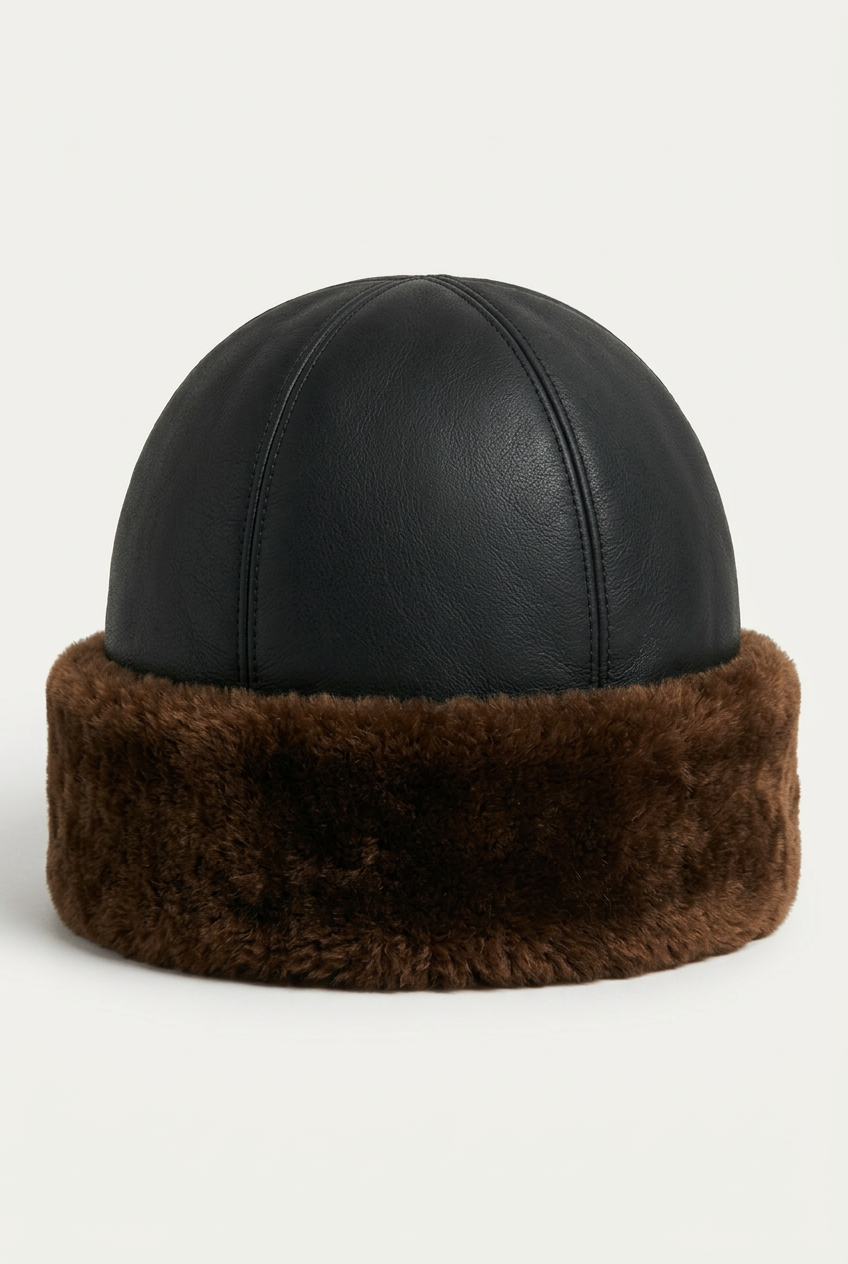 Black Sheepskin Beanie Hat by Shearlord featuring soft, plush sheepskin material and a snug fit.