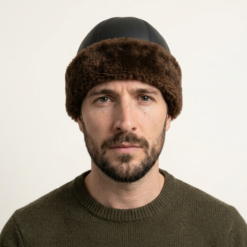 Black Sheepskin Beanie Hat by Shearlord, featuring warm, soft sheepskin material with a snug fit and stylish design.