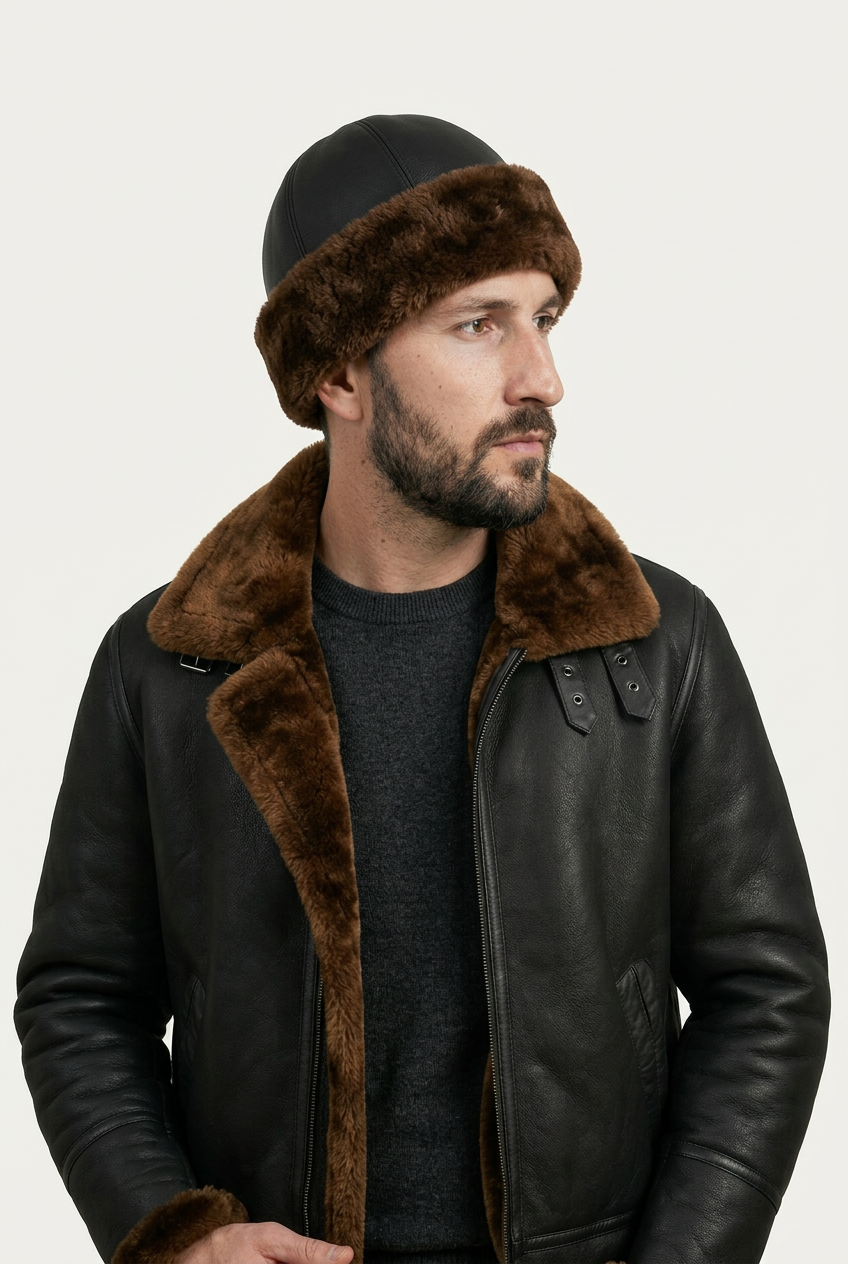 Black Sheepskin Beanie Hat by Shearlord, featuring soft, plush sheepskin material with a snug fit and cozy design.