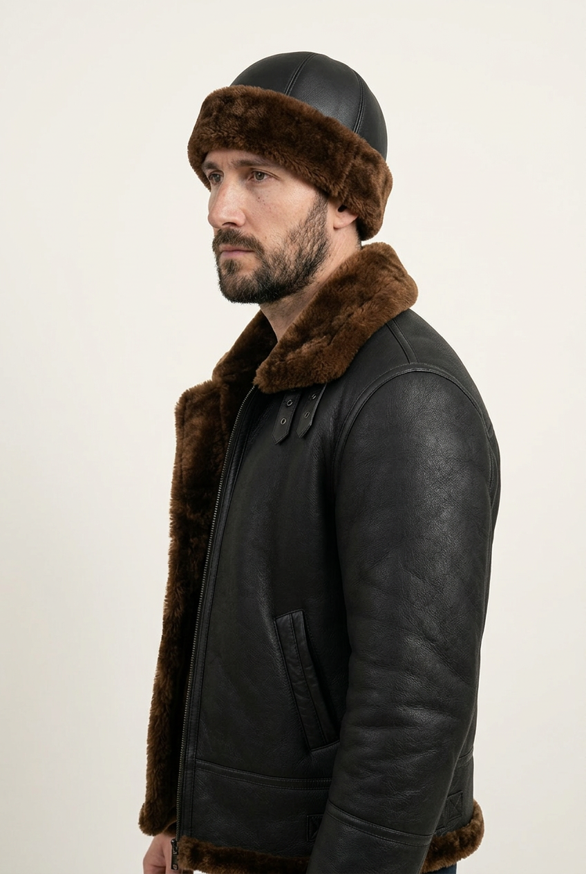 Black Sheepskin Beanie Hat by Shearlord, featuring soft, plush sheepskin material with a snug, stylish fit.